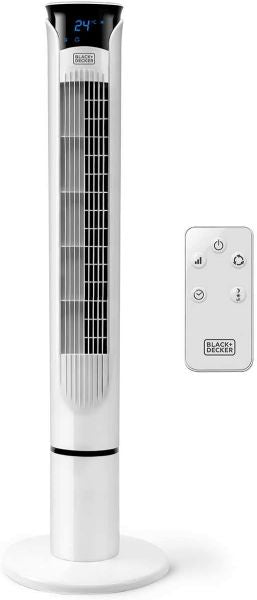 Black+decker bxeft49e ventilatore a torre digitale oscillante, con telecomando, altezza 109 cm, silenzioso 3 velocitÃ  3 modi timer 12h temperatura ambiente potente, bianco