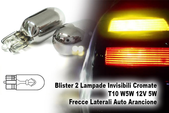 Blister 2 Lampade Invisibili Cromate T10 W5W 12V 5W Frecce Laterali Auto Arancione