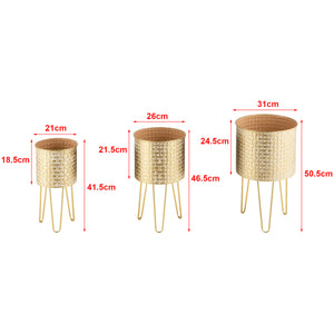 Set di 3 Portavasi in Metallo Supporto per Piante in 3 Altezze Diverse con Coprivaso, Base a Treppiedi - Color Ottone