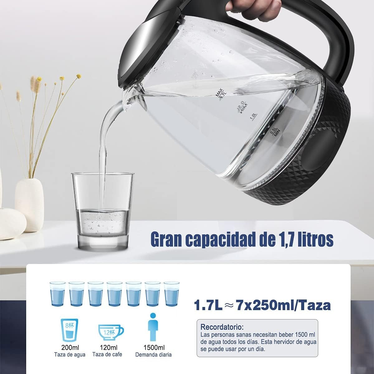 Bollitore Acqua Elettrico 1,7 Litri In Vetro 2200W Spina Schuko 16A Nero