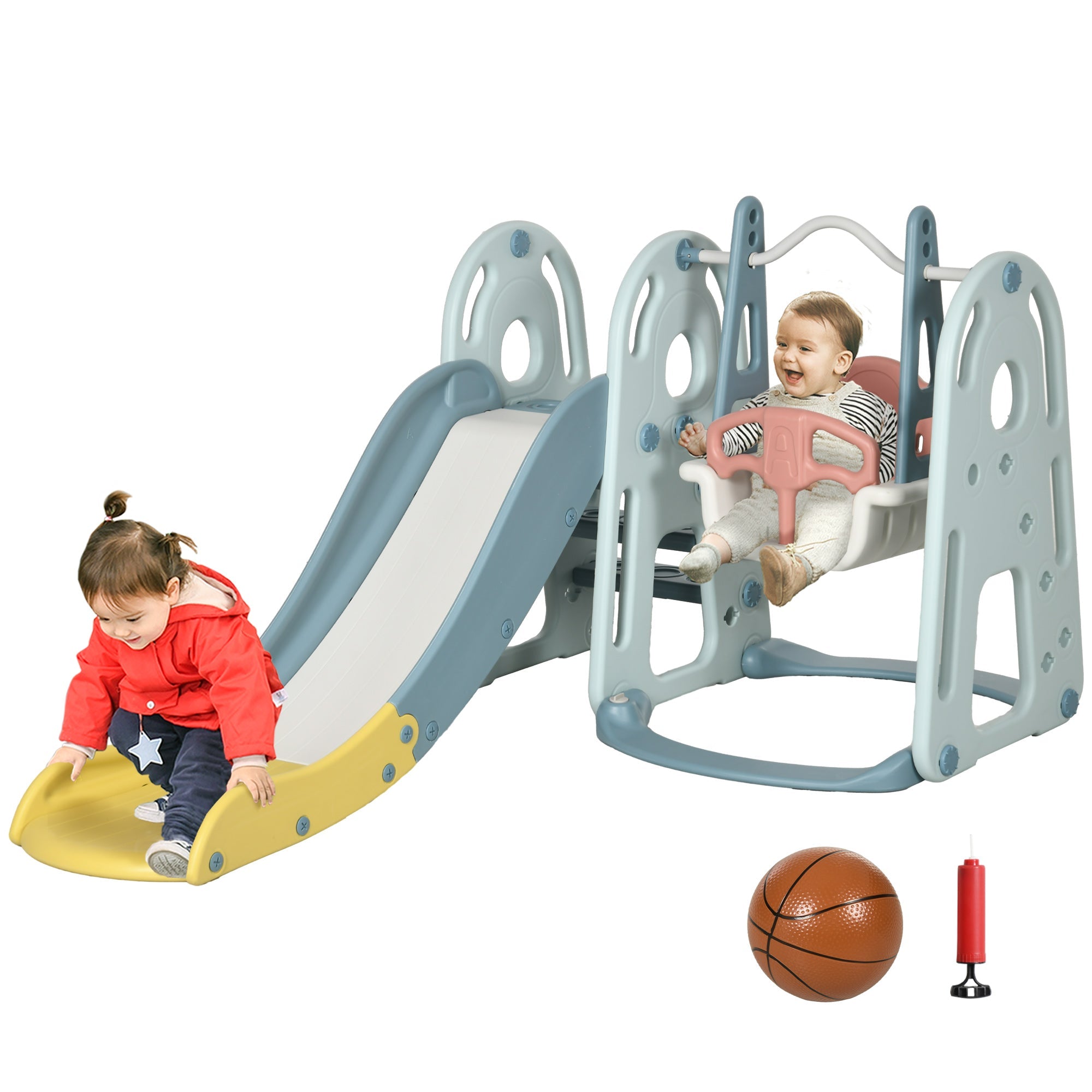 Set Gioco 4 in 1 per Bambini Altalena Scivolo Canestro e Scaletta