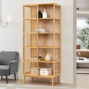 Scaffale da Terra con 5 Scomparti Semiaperti a Doghe Libreria Moderna 185 x 80 x 45 cm in Bambù color Naturale Mobile