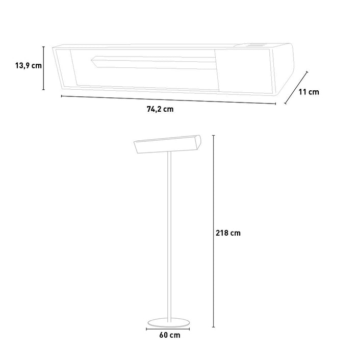 Sined Caldo Vetro Nero Piedistallo Riscaldatore Infrarossi Da 2000w Con Palo Nero e Silver Telecomando In Dotazione 3 Step Di Potenza 3366100 Per Ottimizzare i Consumi Elettrici Protezione Ip65