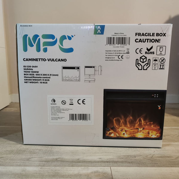 MPC CAMINETTO VULCANO Bruciatore elettrico LED per camino da 1500W Solo effetto fiamma, Nero