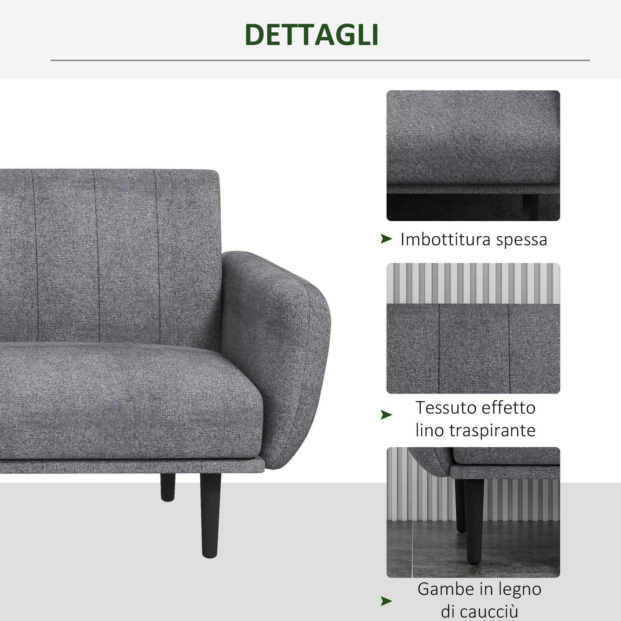 Divano Letto 3 Posti 208x84x82 cm in Tessuto Grigio