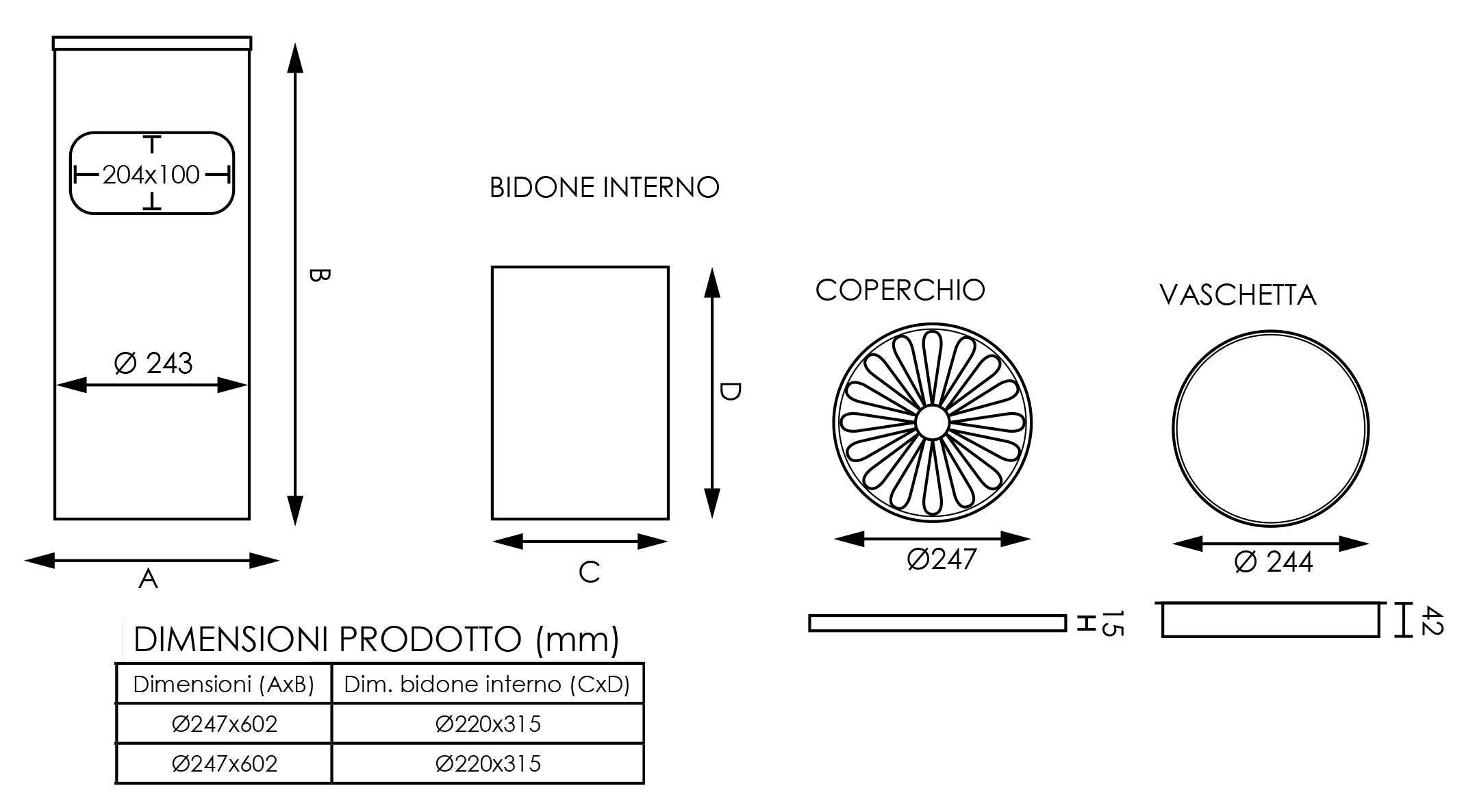 Cestino Gettacarte Posacenere ⌀24,7 cm in Metallo Nero Opaco 10L per Interno Esterno