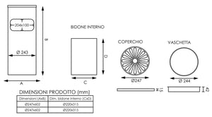 Cestino Gettacarte Posacenere ⌀24,7 cm in Metallo Nero Opaco 10L per Interno Esterno