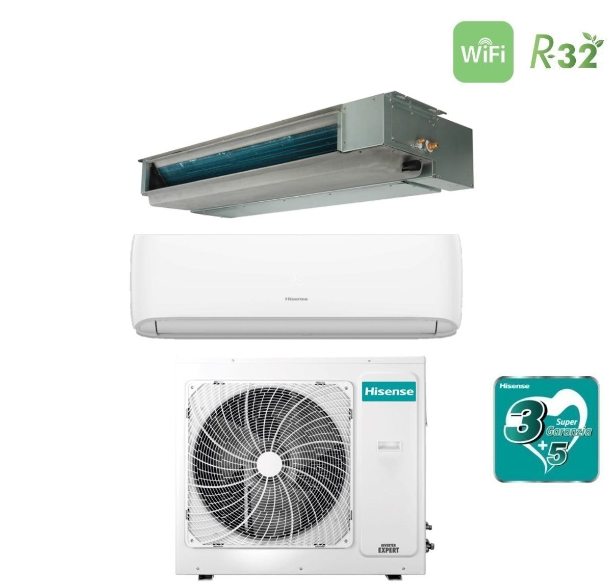 Climatizzatore Condizionatore Hisense Dual Split Inverter serie HI-COMFORT 12000 + CANALIZZATO 18000 con 3AMW72U4RJC R-32 Wi-Fi 12+18