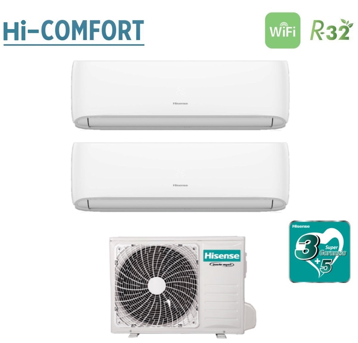 Climatizzatore Condizionatore Hisense Dual Split Inverter serie HI-COMFORT 12+12 con 3AMW62U4RJC R-32 Wi-Fi Integrato 12000+12000