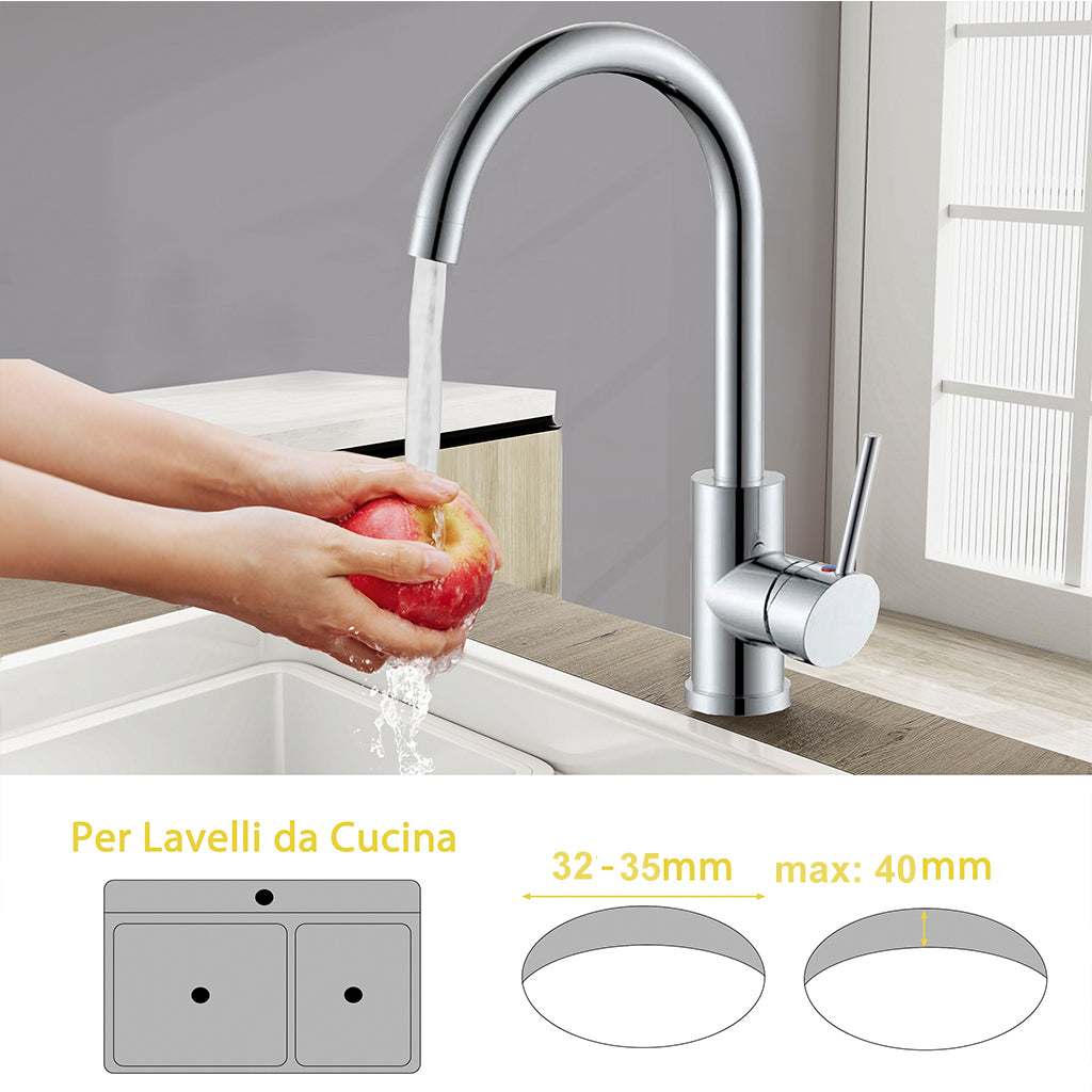 AICA Rubinetto da cucina miscelatore monocomando con beccuccio alto girevole 360, cromato