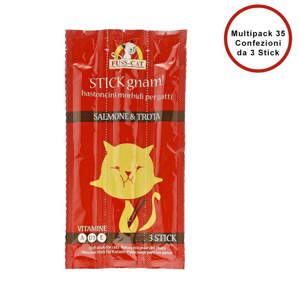 Multipack da 35 buste di snack per gatti stick morbidi gnam gatto salmone e trota