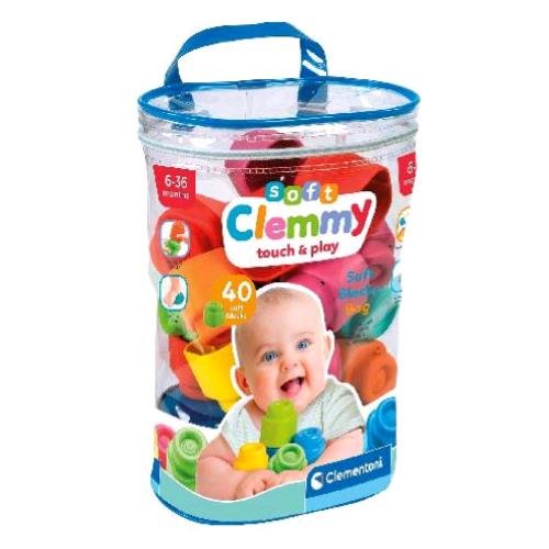 CLEMENTONI SOFT CLEMMY MATTONCINI MORBIDI IMPILABILI GIOCO SENSORIALE SACCA CON 40 Pz.