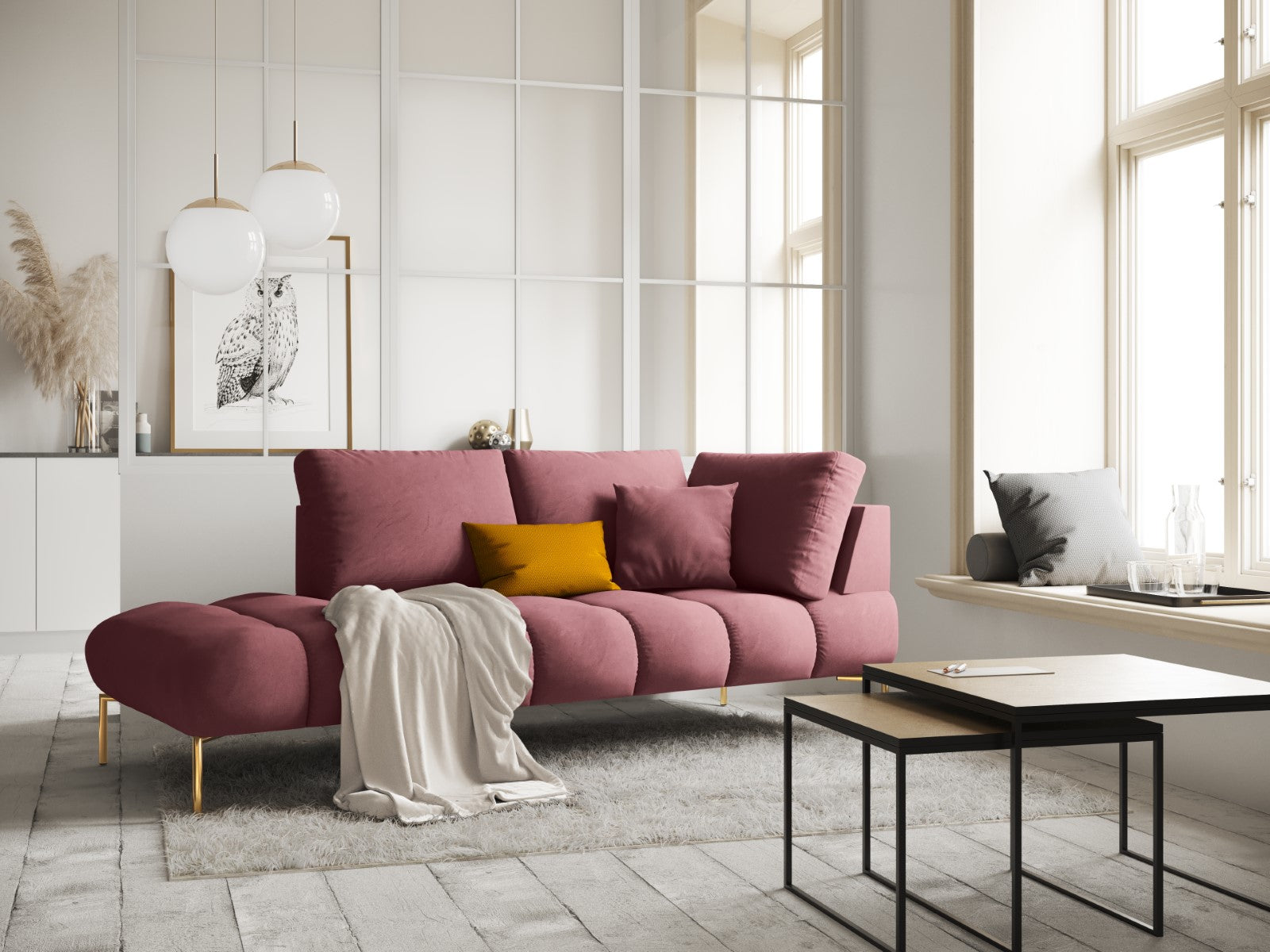 Cosmopolitan Design - Chaise longue sinistra "Hastings" 2 posti in velluto rosa 