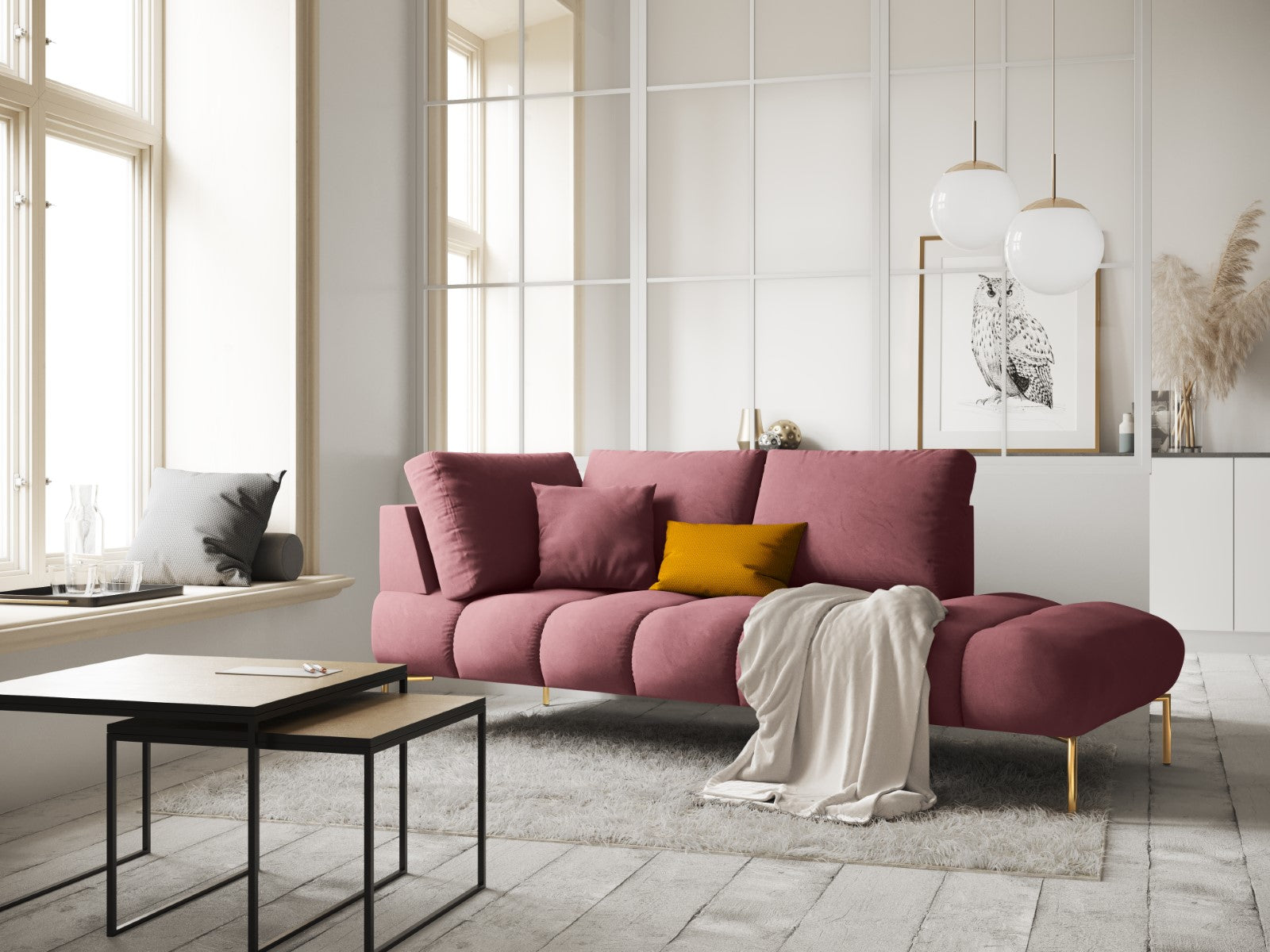 Cosmopolitan Design - Chaise longue destra "Hastings" 2 posti in velluto rosa 