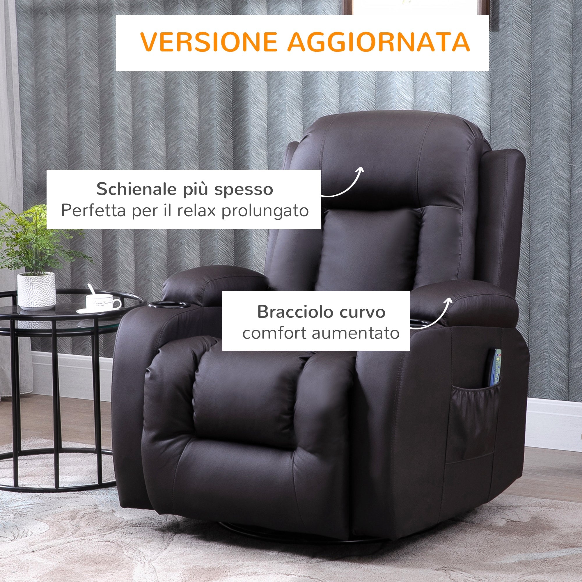 Poltrona Relax Massaggiante a 8 Punti 85x94x104 cm Reclinabile con Telecomando in Similpelle Marrone