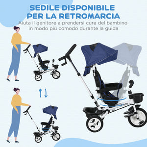 Passeggino Triciclo con Sedile Girevole 360° Parasole Regolabile e Cintura di Sicurezza Blu Scuro