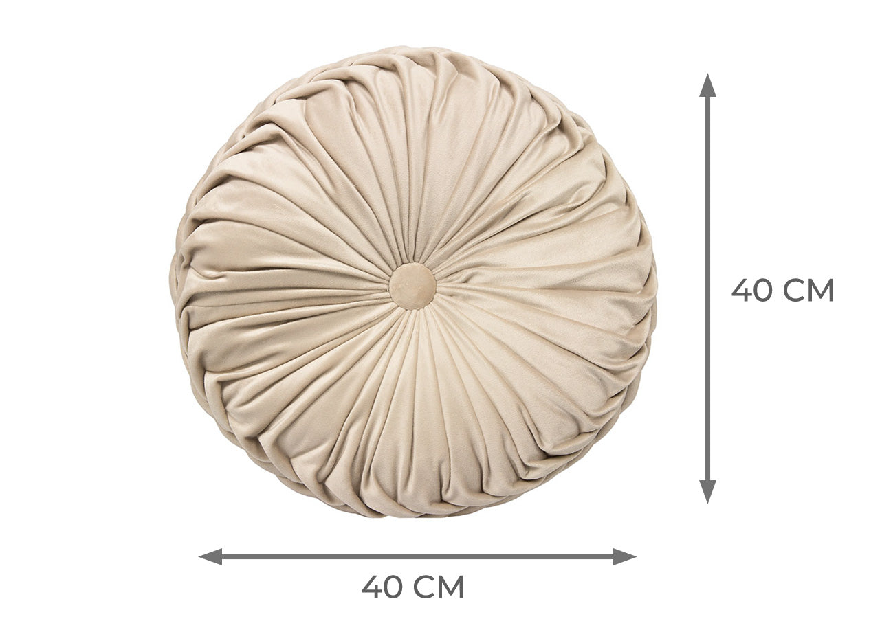 Cuscino Arredo Imbottito In Velluto Rotondo A Pieghe Plissettato Colore Beige Atelier In Tinta Unita Pieghettato
