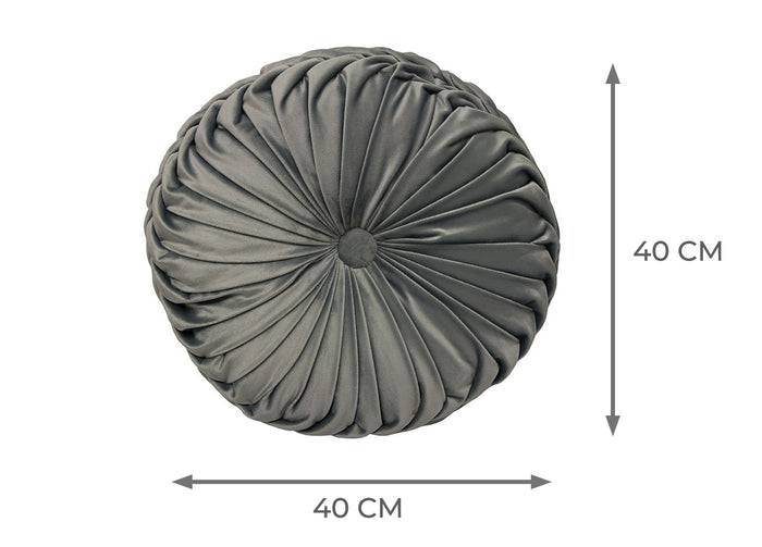 Cuscino Arredo Imbottito In Velluto Rotondo A Pieghe Plissettato Colore Grigio Atelier In Tinta Unita Pieghettato