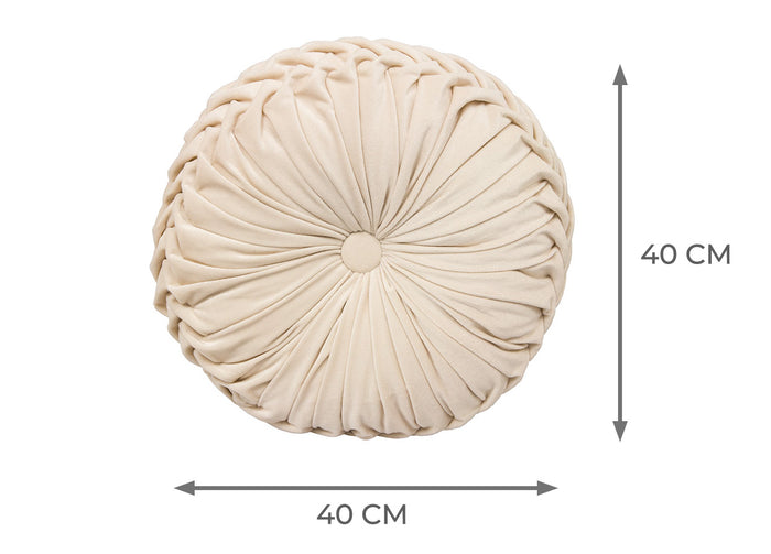 Cuscino Arredo Imbottito In Velluto Rotondo A Pieghe Plissettato Colore Panna Atelier In Tinta Unita Pieghettato