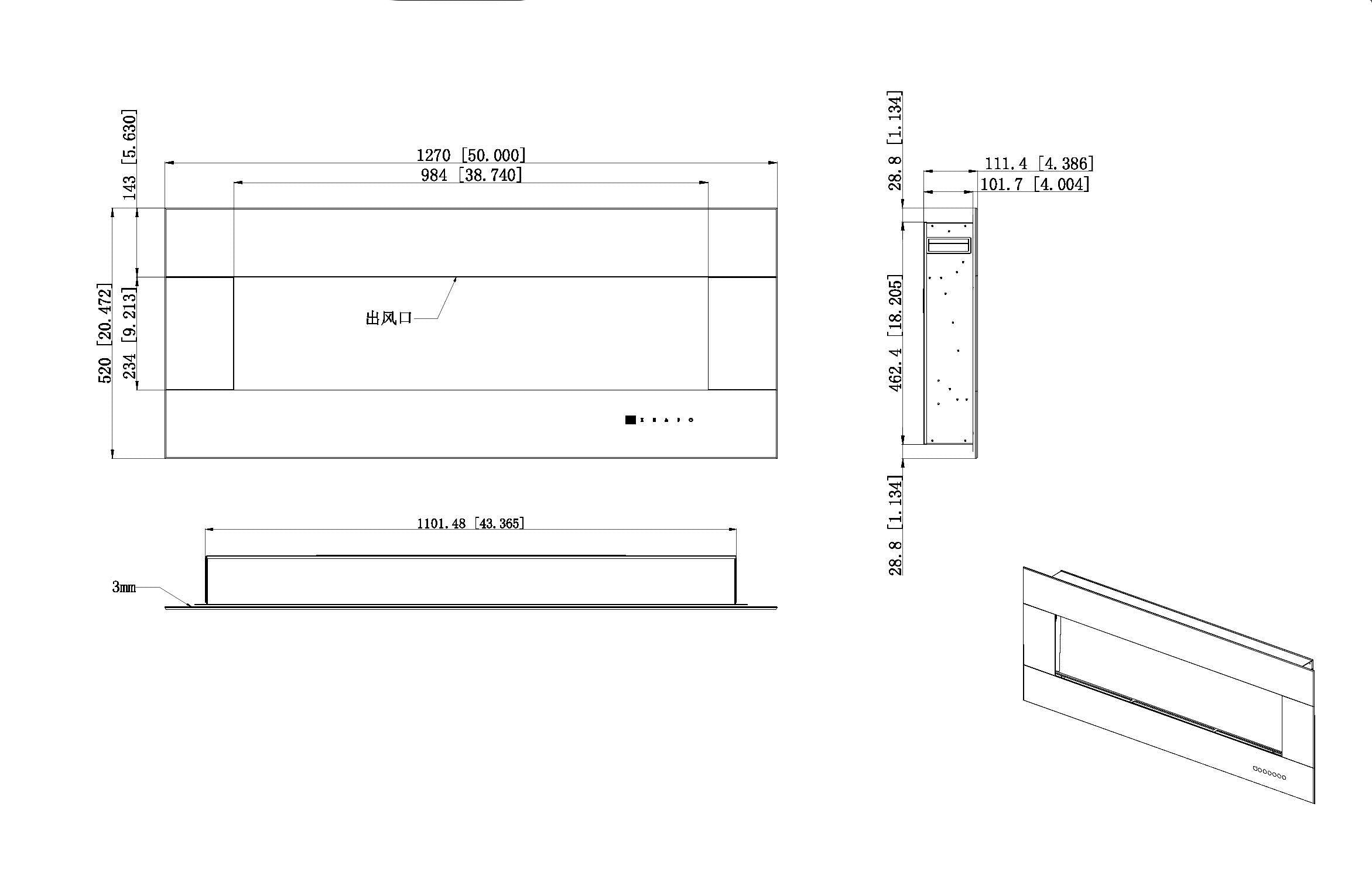 Camino Elettrico da Pavimento 52x127x11,5 cm Effetto Fiamma 1500W Advance