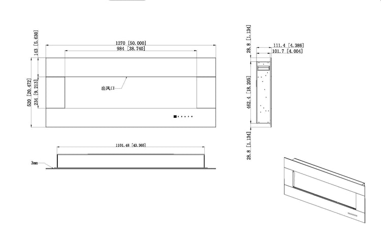 Camino Elettrico da Pavimento 52x127x11,5 cm Effetto Fiamma 1500W Advance