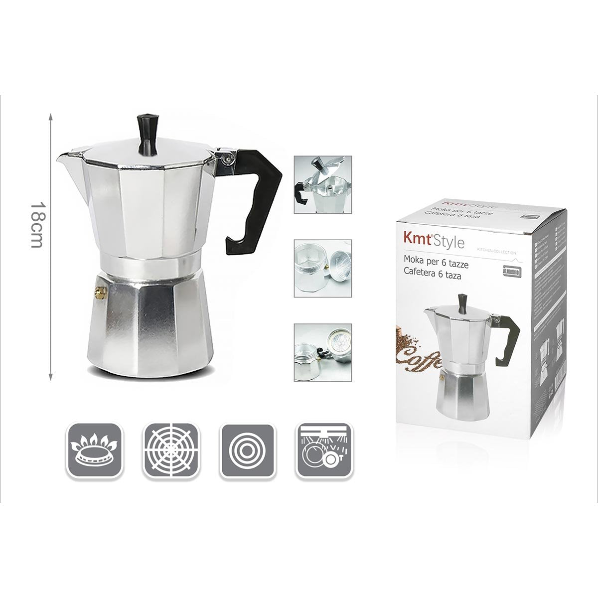 Caffettiera Moka in Alluminio 6 Tazze Alta 18cm