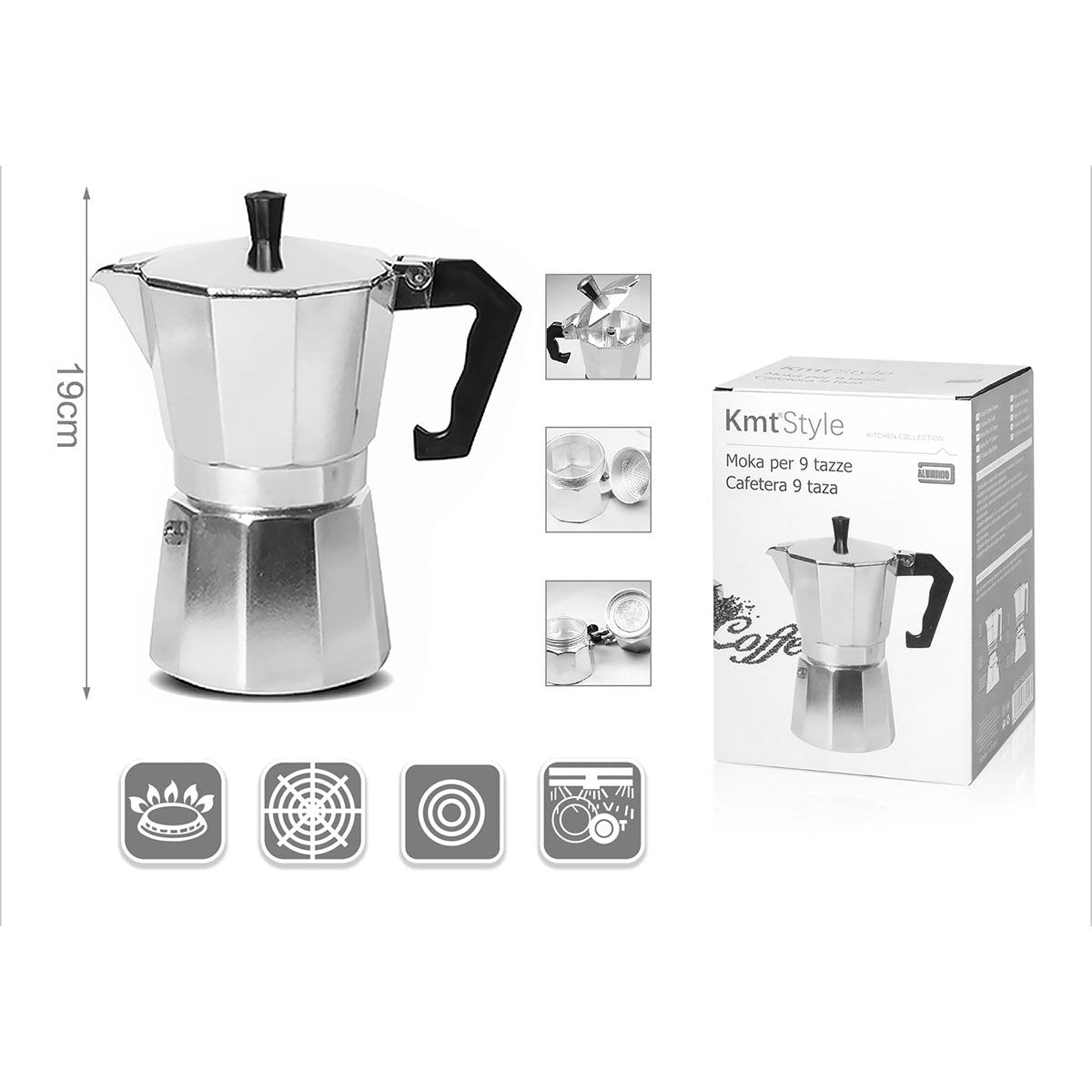 Caffettiera Moka in Alluminio 9 Tazze Alta 19cm