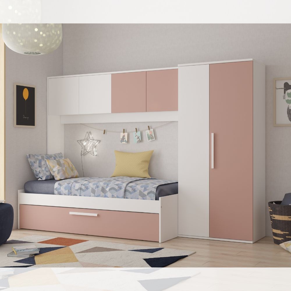 Cameretta a ponte 6007 con letto estraibile e armadio colore bianco e rosa antico