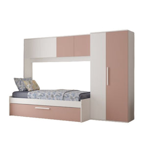 Cameretta a ponte 6007 con letto estraibile e armadio colore bianco e rosa antico