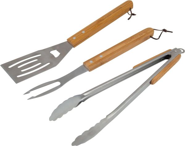 Campingaz 30869 set 3 pezzi manico in legno utensili spatola, una pinza ed un forchettone