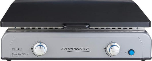 Campingaz blue flame lx, barbecue gas, con piastra smaltato e 2 bruciatori in acciaio, griglia da tavolo con tecnologia blueflame per grigliare mediterraneamente a la plancha, grigio