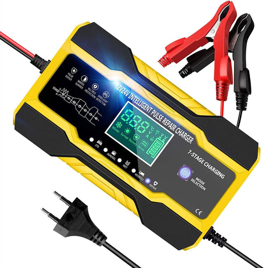 Caricabatterie Auto Moto Caricabatteria e Mantenitore 10A 12V/24V Carica Batteria Auto con Schermo LCD Touch Multi Protezioni 5 modalità di Ricarica