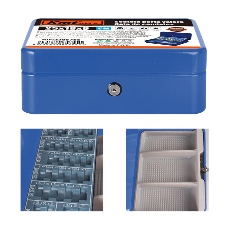 Cassetta Portavalori di Sicurezza in Acciaio con 2 Chiavi, Cassette dei contanti Vassoio Portamonete Integrato Dimensioni 25x18x9 cm, Colore Blu