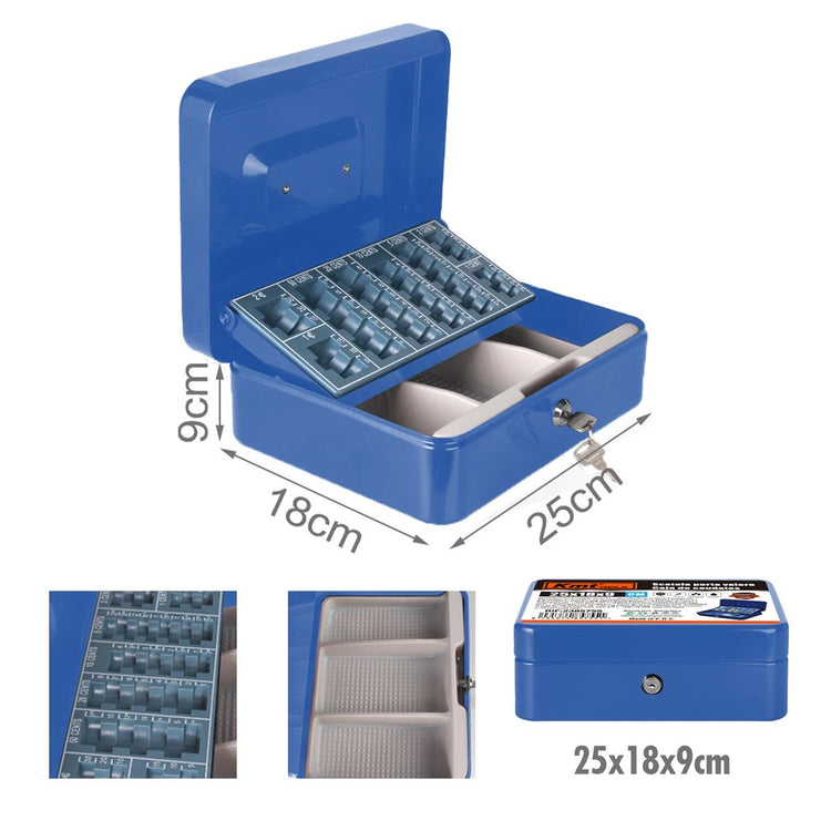 Cassetta Portavalori di Sicurezza in Acciaio con 2 Chiavi, Cassette dei contanti Vassoio Portamonete Integrato Dimensioni 25x18x9 cm, Colore Blu