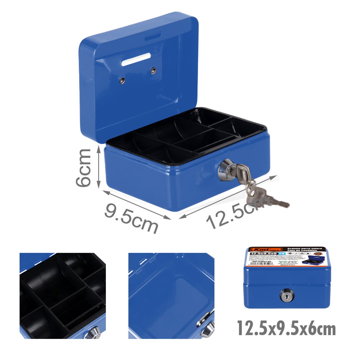 Cassetta Portavalori di Sicurezza in Acciaio con 2 Chiavi, Cassette dei contanti Vassoio Portamonete Integrato, Dimensioni 12,5x9,5x6cm, Colore Blu