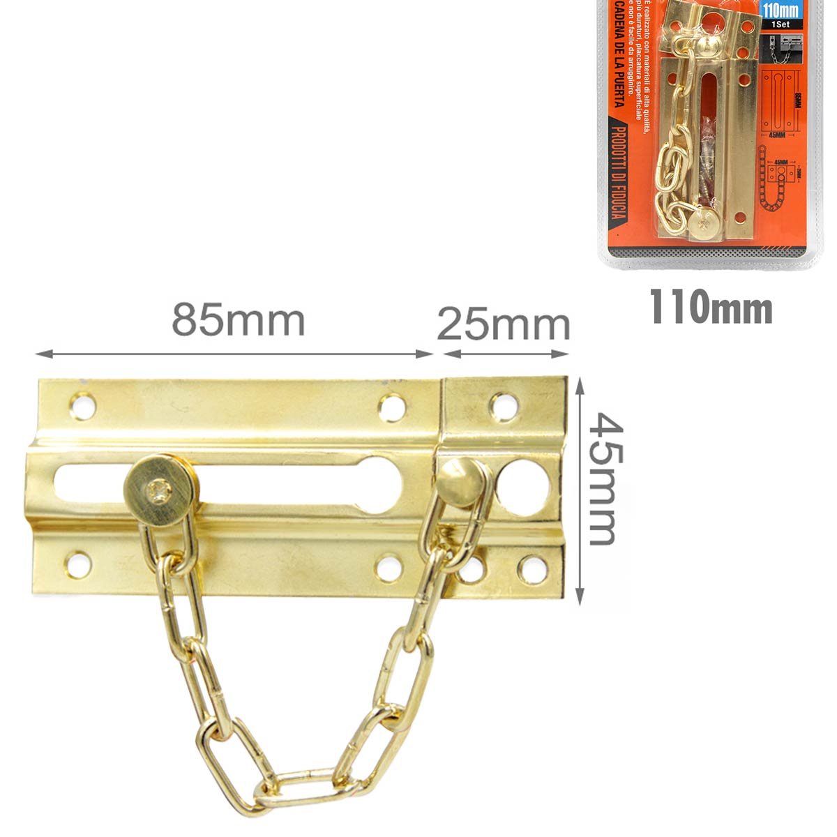 Catena per Porta Anteriore Serratura Porta Sicurezza in Acciaio Inossidabile ORO 110x45mm