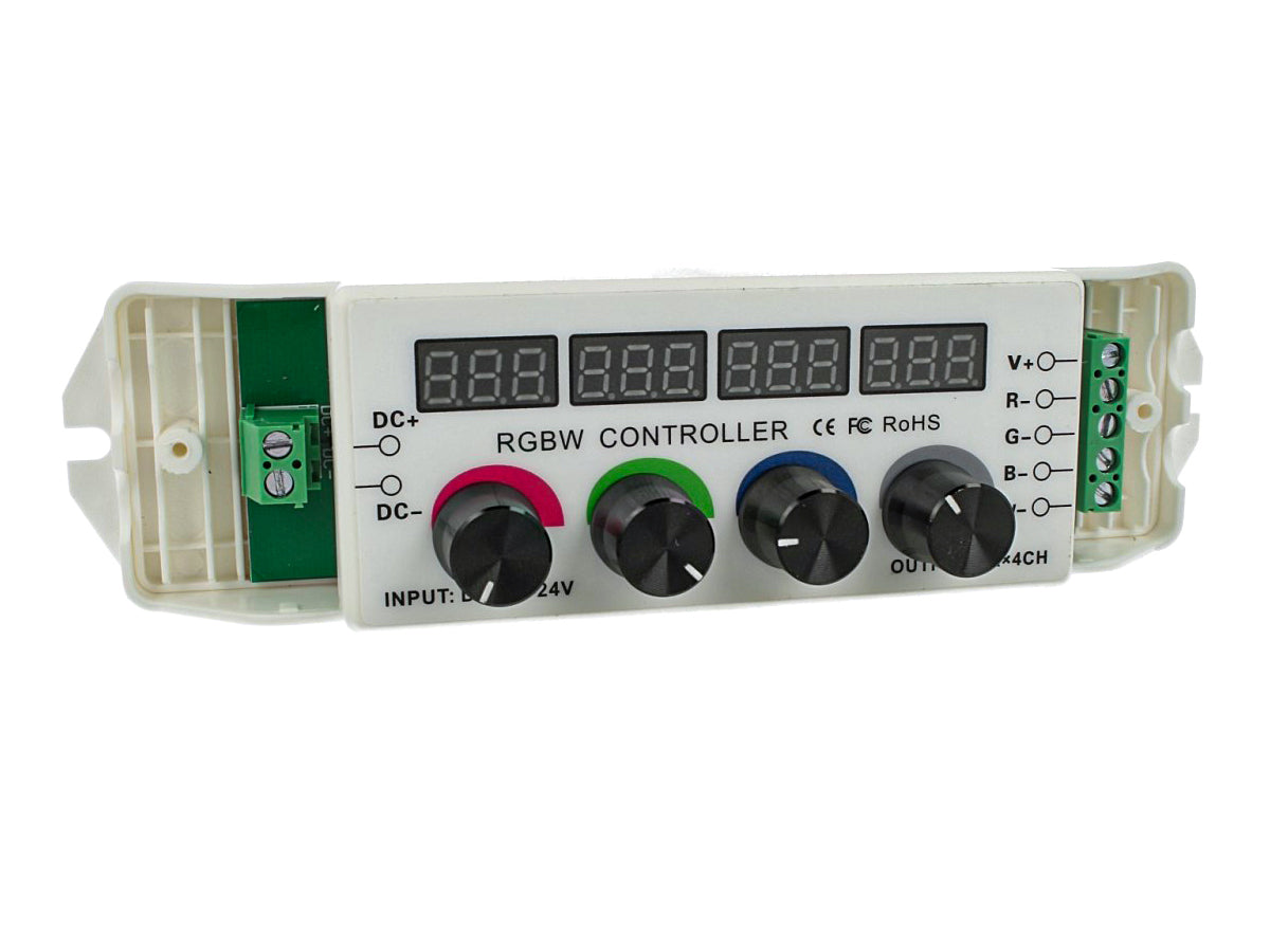 Centralina RGBW Led Dimmer PWM Controller Modulo Manuale Con Manopole e Display 4 Canali 12V 24V 5AX4