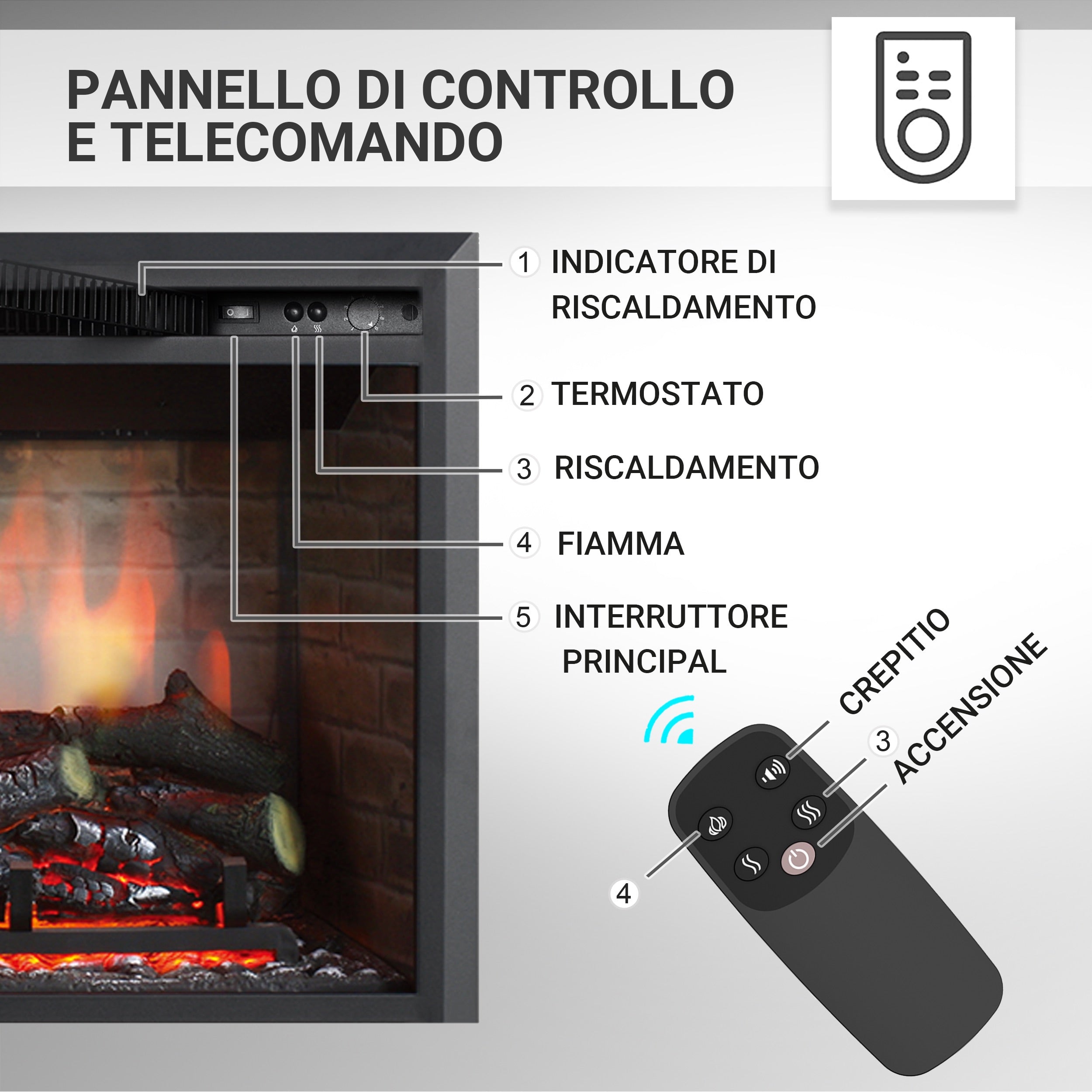 Camino elettrico a incasso Calida 26"| Fiamma 3D, riscaldamento 2000W, crepitio | Telecomando & Termostato | Nero