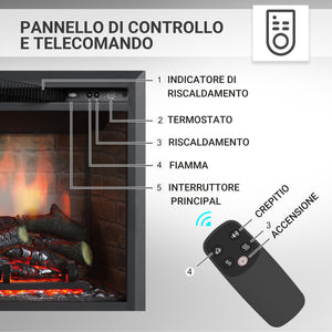 Camino elettrico a incasso Calida 26"| Fiamma 3D, riscaldamento 2000W, crepitio | Telecomando & Termostato | Nero