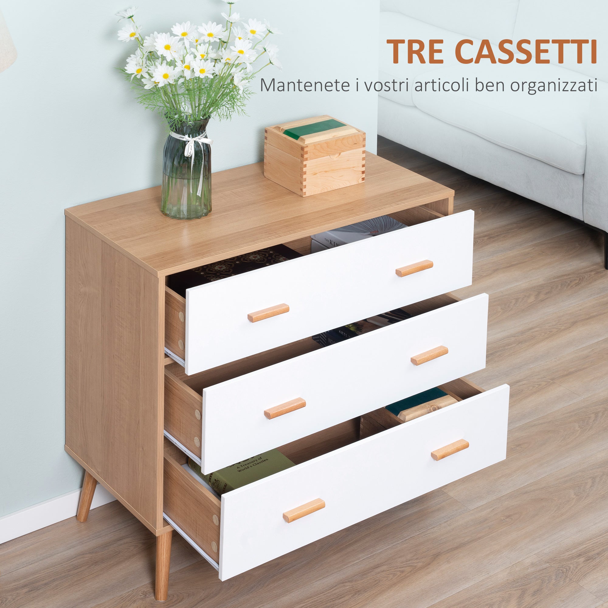 Cassettiera 3 Cassetti 80x39x80 cm Bianco e color Legno