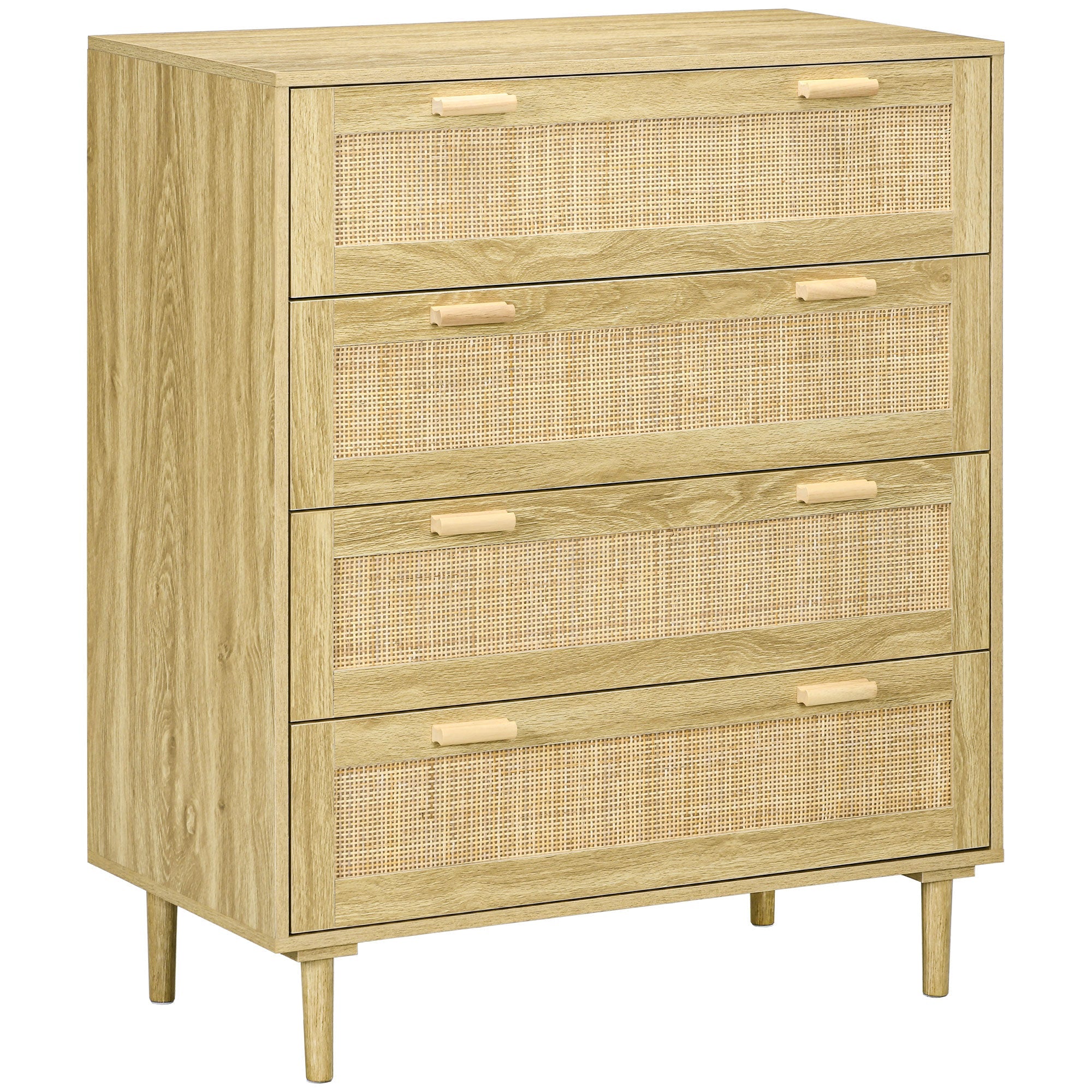 Cassettiera 4 Cassetti Stile Boho 90x45x108,5 cm in Legno e Rattan Rovere