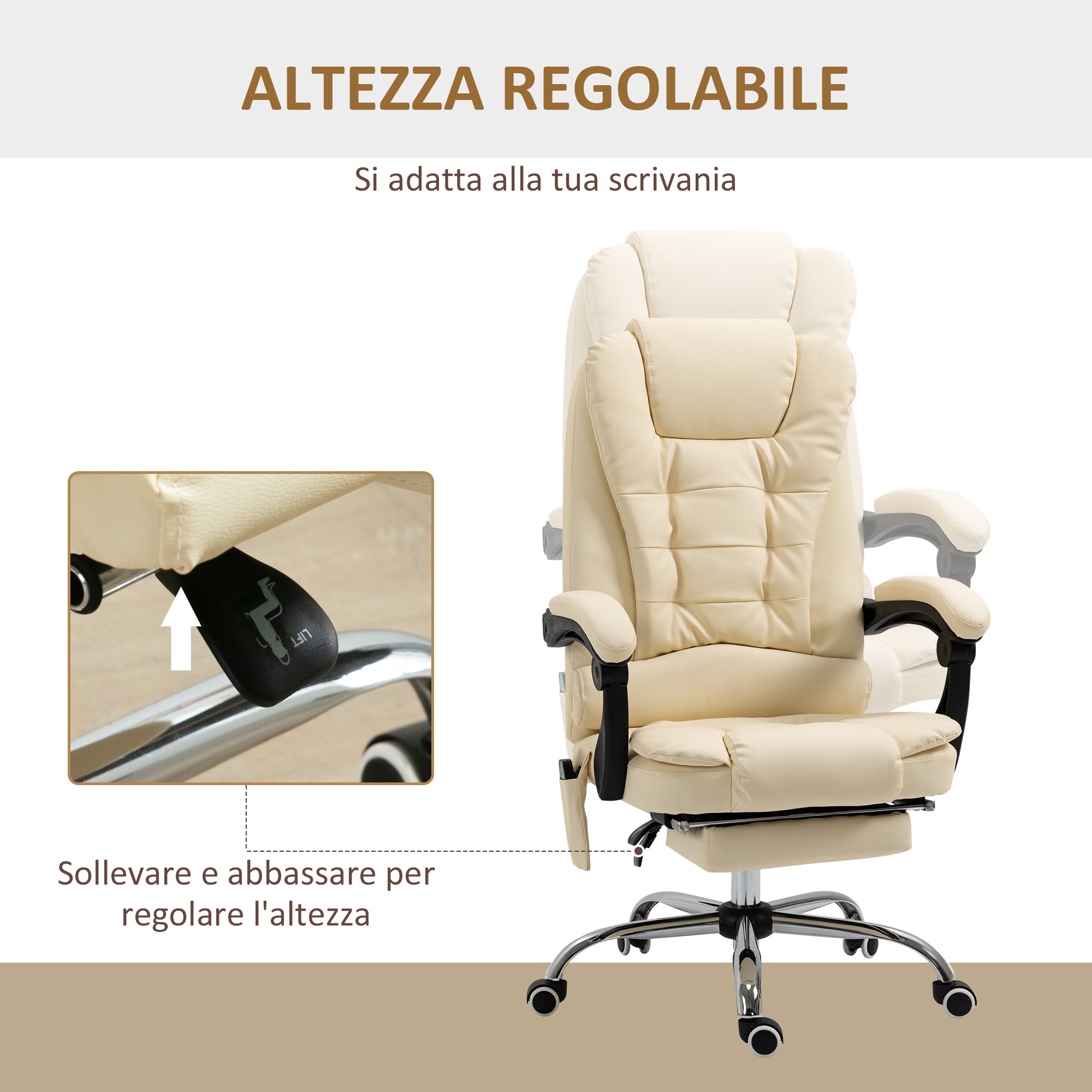 Sedia Poltrona Direzionale Massaggiante da Ufficio 65x160x104 cm in Microfibra Crema