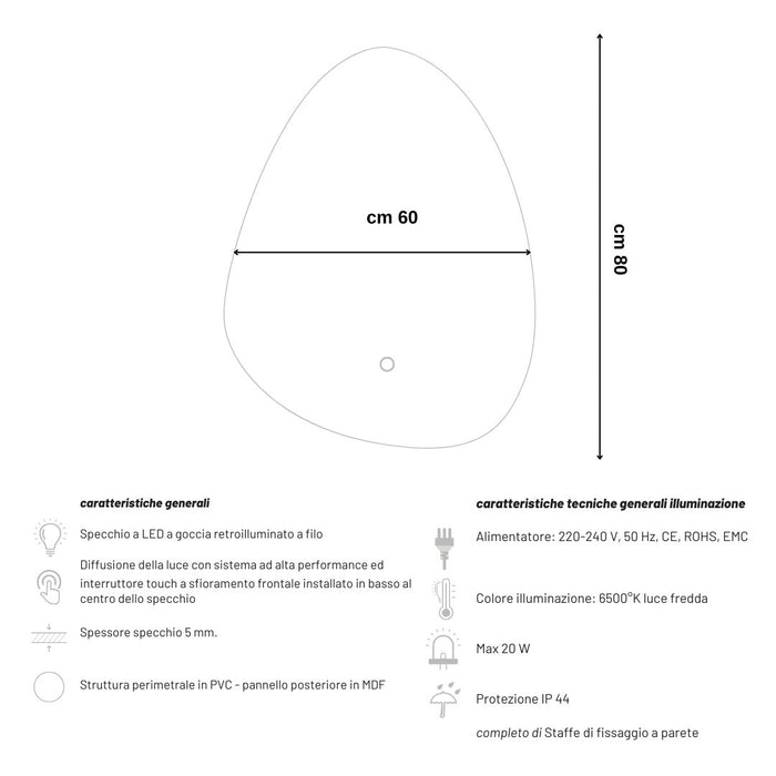 Ogomondo specchio 5 mm a goccia retroilluminato led interruttore touch pvc e mdf *** misure 60x80 cm, tonalità dimme...