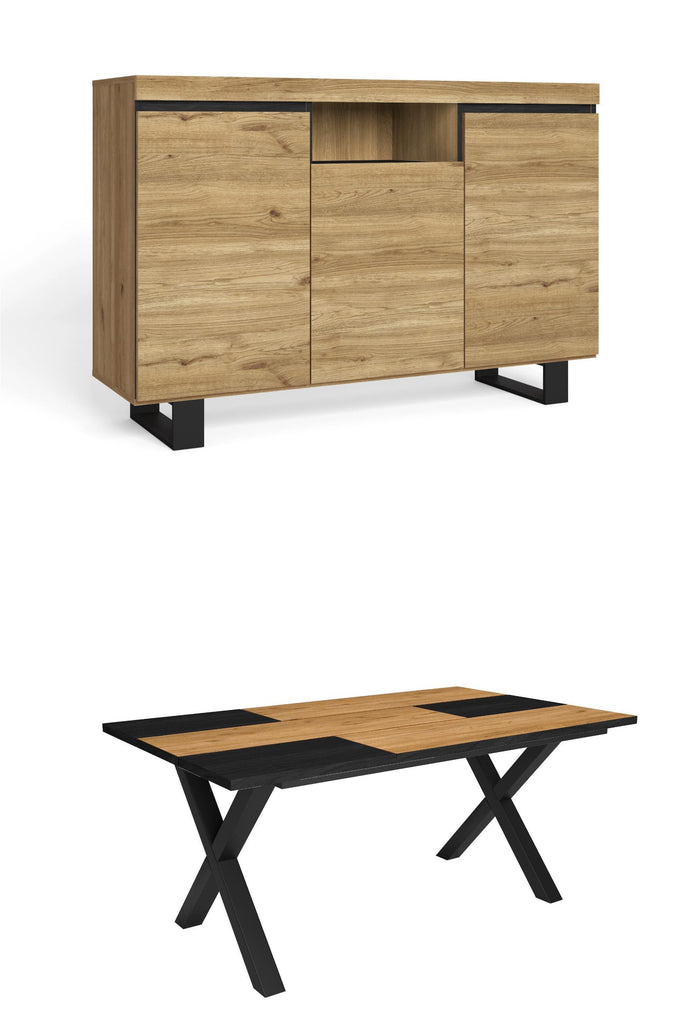 Set di mobili, Tavolo 170 Bicolore piedi X 8 commensali, Madia / Credenza 140 Tall, colore Rovere e Nero, Industriale RF1244