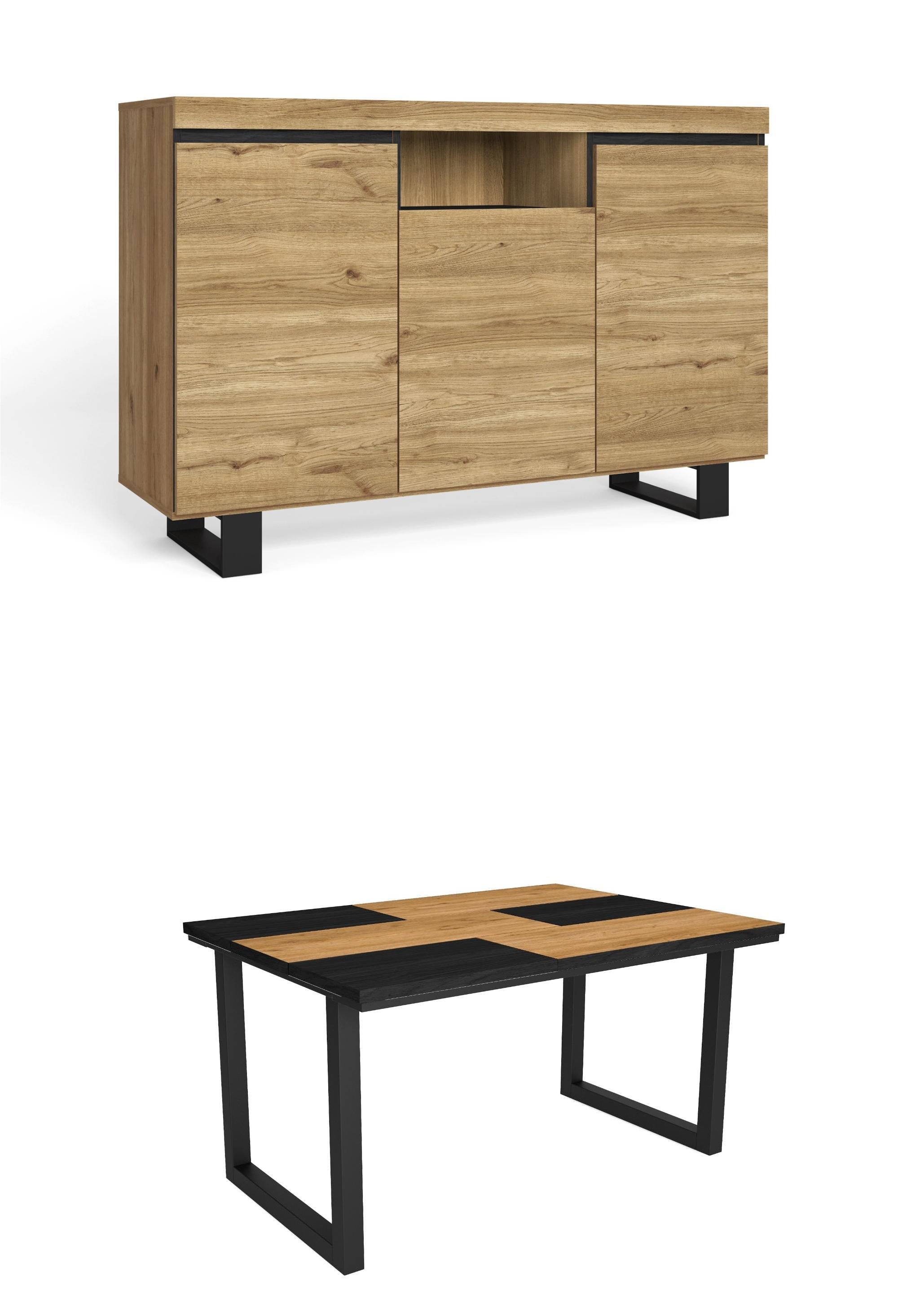 Set di mobili, Tavolo 140 Bicolore piedi U 6 commensali, Madia / Credenza 140 Tall, colore Rovere e Nero, Industriale RF1286