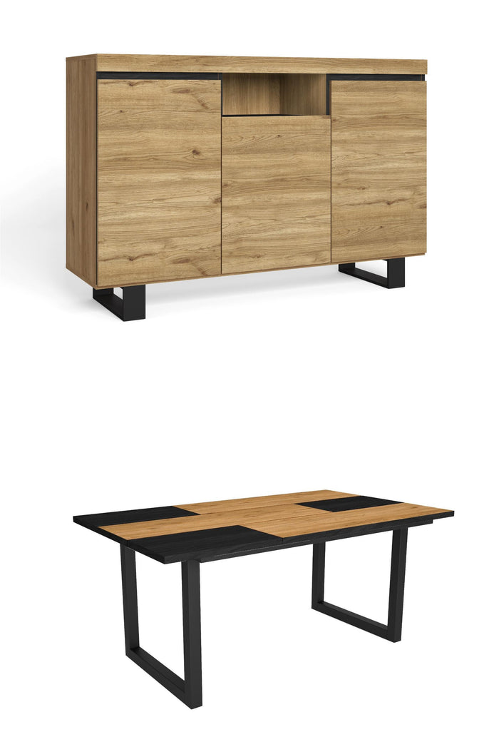 Set di mobili, Tavolo 170 Bicolore piedi a U 8 commensali, Madia / Credenza 140 Tall, colore Rovere e Nero, Industriale RF1300