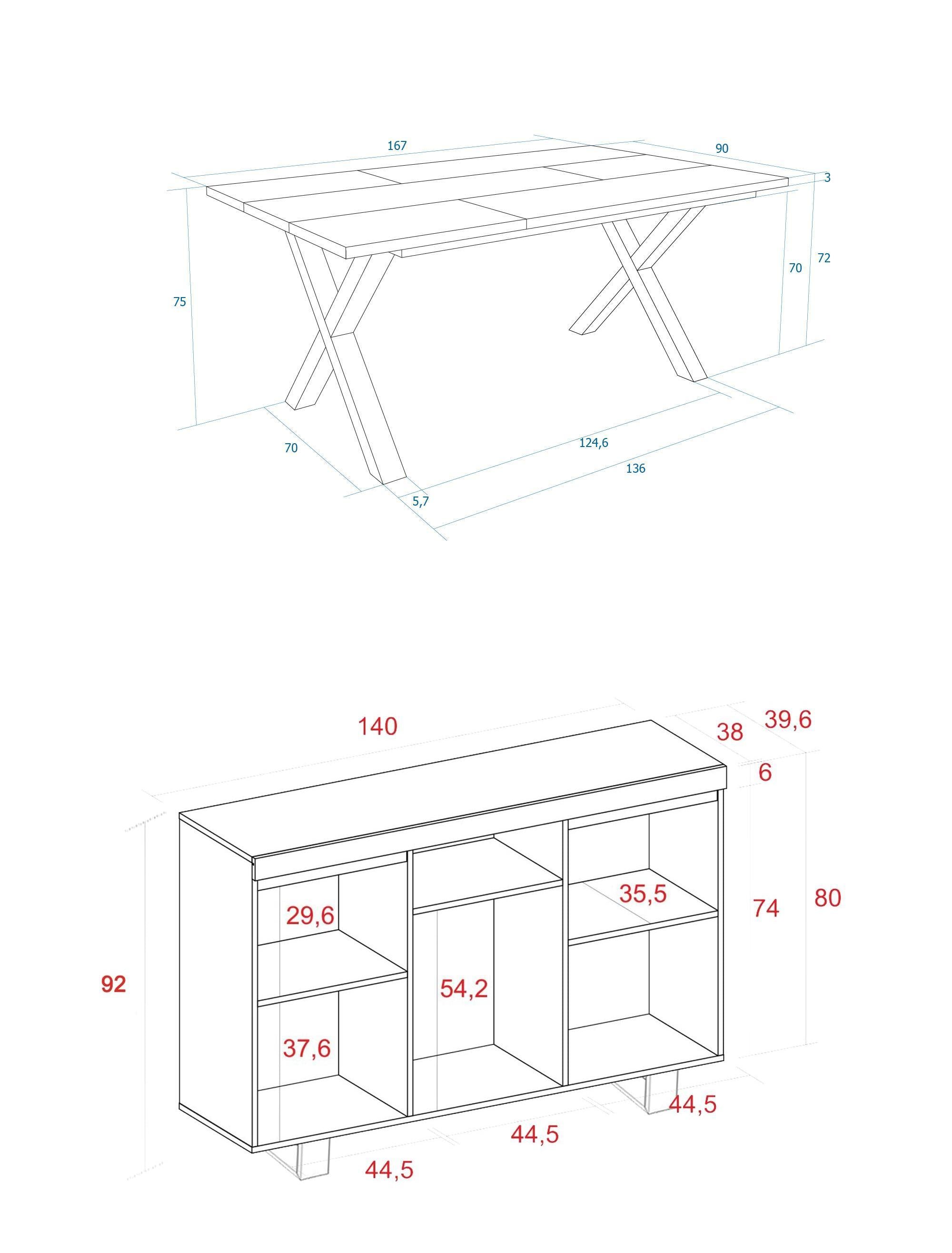 Set di mobili, Tavolo 170 Bicolore piedi X 8 commensali, Madia / Credenza 140 Tall, colore Rovere e Nero, Industriale RF1244