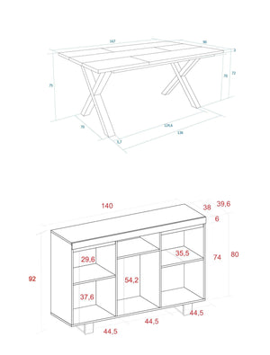 Set di mobili, Tavolo 170 Bicolore piedi X 8 commensali, Madia / Credenza 140 Tall, colore Rovere e Nero, Industriale RF1244