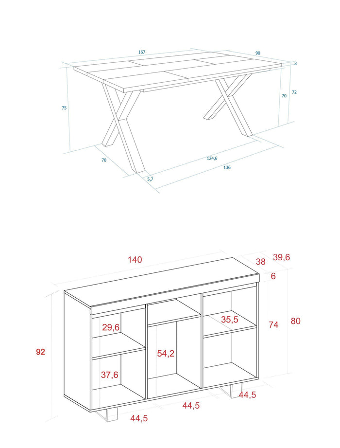 Set di mobili, Tavolo 170 Bicolore piedi X 8 commensali, Madia / Credenza 140 Tall, colore Rovere e Nero, Industriale RF1244