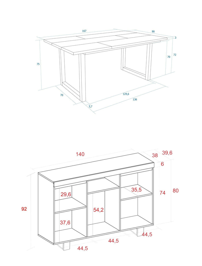 Set di mobili, Tavolo 170 Bicolore piedi a U 8 commensali, Madia / Credenza 140 Tall, colore Rovere e Nero, Industriale RF1300